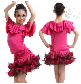 Hot pink fuchsia spandex girls kids children performance professional latin ballroom salsa cha cha dance dresses set outfits